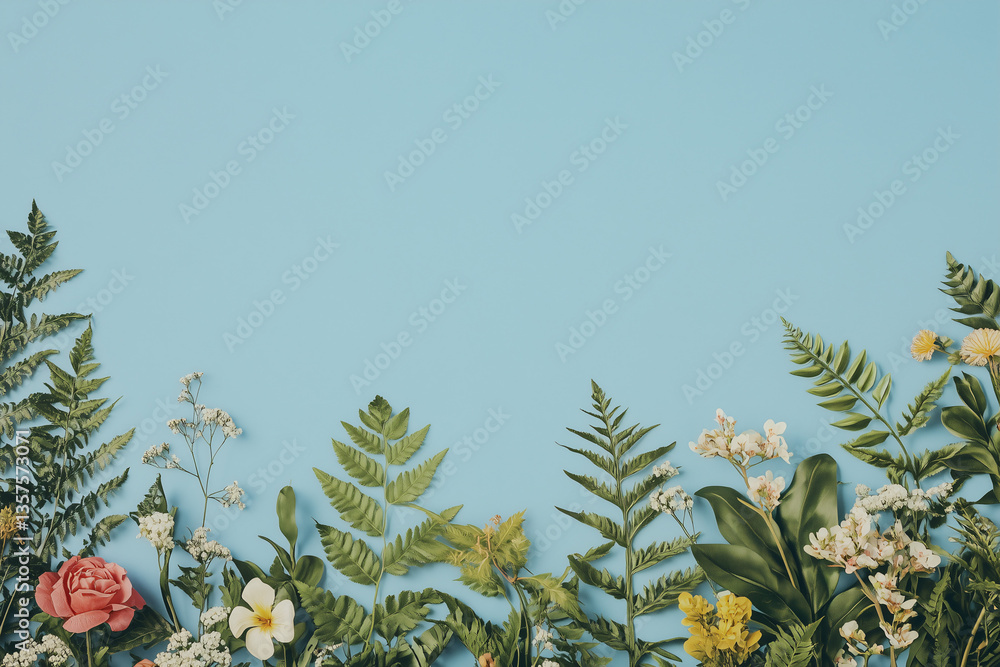 Poster floral border: a delicate border composed of various wildflowers and leaves, creating a vibrant and 