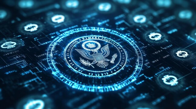 Digital representation of united states government seal virtual environment infographic cyber landscape futuristic perspective
