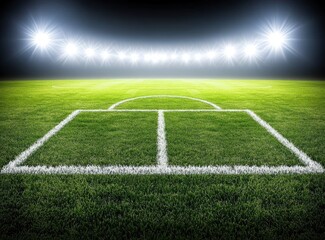 Night soccer field, bright lights, green grass, penalty area