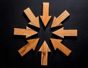 wooden arrows pointing to the same central point isolated on black background inward inwards direction focus convergence converge, same size and color, unique and different pattern 