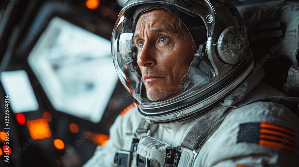 Poster Astronaut focuses intently on controls inside the spacecraft, preparing for an important launch. Systems checks are ongoing as the team readies for the upcoming space mission.