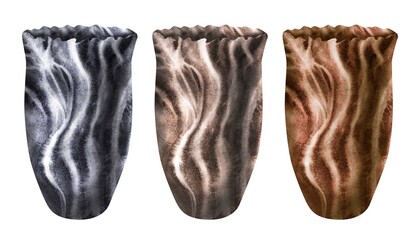 Planters, vases with the texture of natural striped stone. Dark gray, sepia, brown flowerpots for plants, bouquets. Watercolor container template for interior, exterior, garden flowers, plants, trees