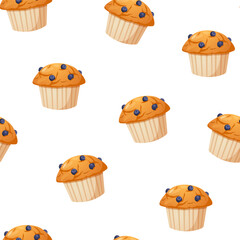Seamless pattern with sweet blueberry muffins isolated on white background.
