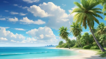 A serene beach scene with white sand, gentle waves