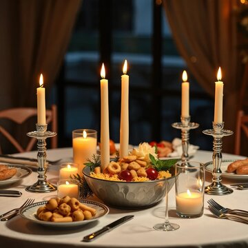 Comida para presentar en una mesa con velas y candelabros, vajillas, decoraci&oacute;n