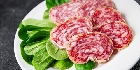Dry-cured sausage salami appetizer dish fresh delicious gourmet food background on the table rustic...