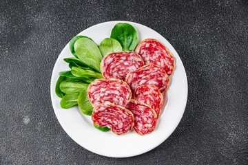 Dry-cured sausage salami appetizer dish fresh delicious gourmet food background on the table rustic food top view copy space