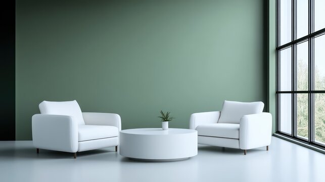 A minimalist living room with pale jade green walls and pristine white furniture