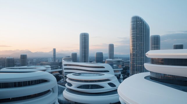 Carbon-neutral cities renewable and innovation, A futuristic cityscape featuring sleek, modern architecture with curved structures and high-rise buildings against a soft sunset backdrop.