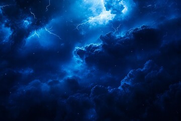 Blue lightning against a dark sky background, electric energy swirling in the atmosphere. 