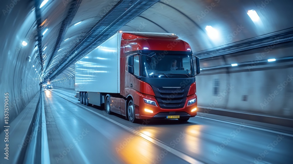 Poster a transport truck moves swiftly through a brightly illuminated tunnel, exemplifying the logistics an