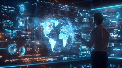 a person in front of a futuristic holographic display examining a globe. The display shows intricate data visualizations and glows with a blue hue