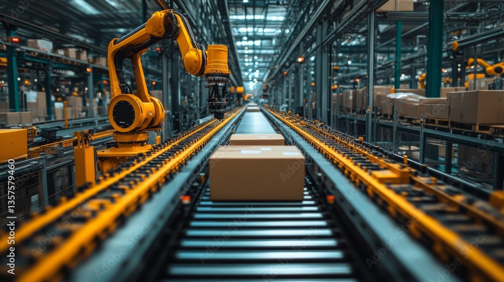 Aufkleber a robotic arm expertly manages packages on a conveyor system within a warehouse. the facility is bus