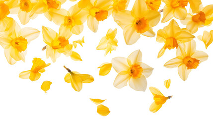 Fototapeta premium yellow daffodil flowers petals floating in air isolated png transparent cutout