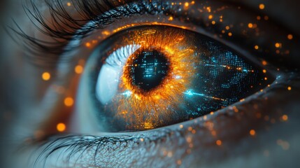 Female eye with futuristic cyber technology hologram over a grey background, 