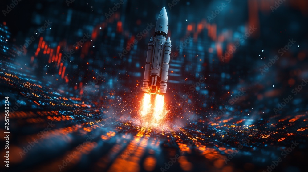 Wall mural futuristic rocket launch on a digital stock market chart background, a business concept for a startu