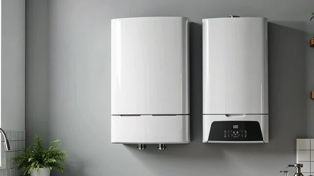 Modern home gas boiler, water heater placed in apartment. White modern home gas copper mounted on a grey wall on a kitchen. Water heater. Water heating, ecology.