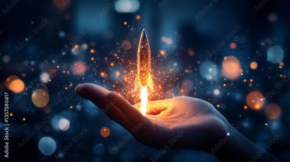 Canvas Prints hand holding a rocket with glowing particles and a bokeh city background.