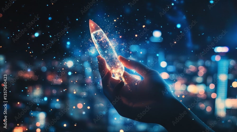 Wall mural hand holding a rocket with glowing particles and a bokeh city background.
