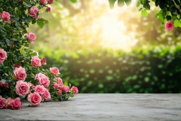 Fototapeta premium Concrete table, beautiful roses around, blurred garden background