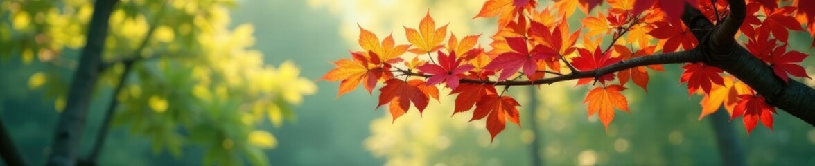 Hanging branch of a tree covered in colorful leaves and flowers, leafy, trees