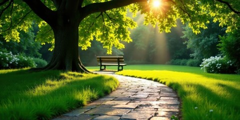Fototapeta premium Serene park path meandering towards a tranquil park bench beneath the shade of a majestic tree, bathed in warm sunlight