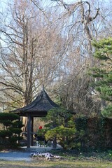 Japanese-style garden with a wooden pavilion or gazebo nestled among manicured trees and natural landscaping