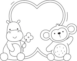 Cute Animal Friends with Heart Doodle Frame