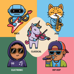 Fototapeta premium 2d vector illustration icon cool entertainment cartoon character music tools (Drum , Music Note , Headphones ,Microphone , Piano , Guitar ,Record) 