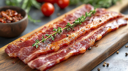 Obraz premium Slices of savory bacon garnished with herbs, displayed on a wooden cutting board, accompanied by cherry tomatoes and a bowl of spices.