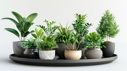 Obraz premium A set of small potted houseplants arranged in a circular formation on a coffee table, isolated on a transparent white background 