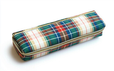 Classic Tartan Pencil Case with Secure Zipper Isolated On White Background.