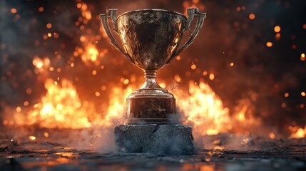 Shimmering Trophy Against Dramatic Flames and Smoke Background