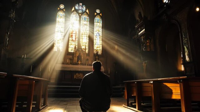 A man kneels in deep prayer inside a grand church, with sunlight streaming through stained-glass windows, creating a spiritual atmosphere.