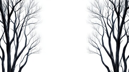 Obraz premium Two Dark Tree Branches Framing White Background Evoking Twilight Forest and Alchemical Elements in Artistic Composition