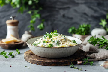 Broccoli pasta with creamy Alfredo sauce, garnished with parmesan shavings and fresh parsley.