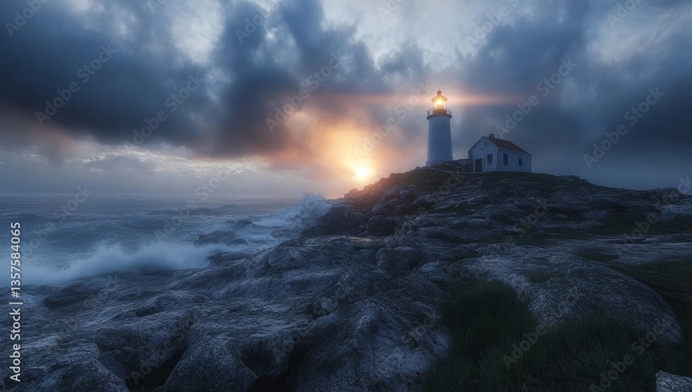 Wall mural lighthouse on the rocky coast with a stormy sky and crashing waves at sunset.