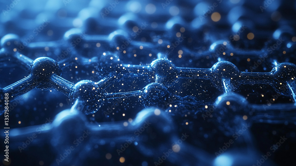 Poster a close-up view of molecular structures in a blue, abstract pattern, showcasing interconnected atoms