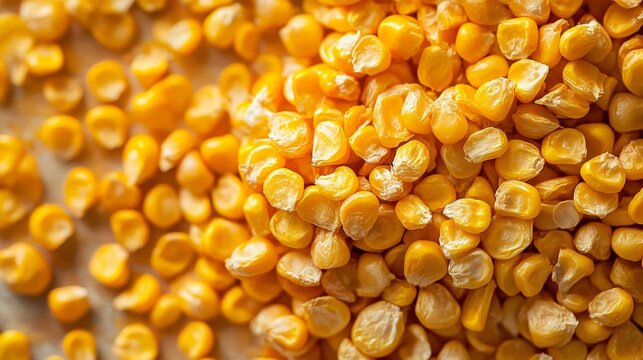 Freeze-dried corn kernels scattered artfully, their bright yellow tones popping against a muted background