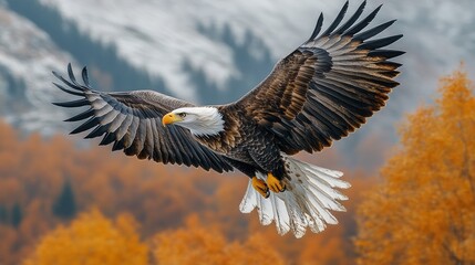 Obraz premium Majestic eagle soaring over snow-capped mountains.