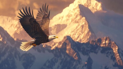 Obraz premium Majestic eagle soaring over snow-capped mountains.