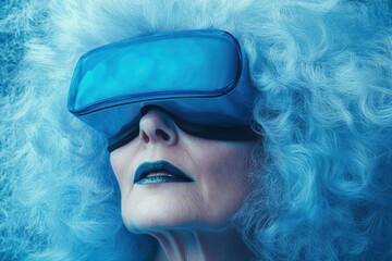 A captivating portrait showcases a character immersed in a virtual reality experience, adorned with bold pop art elements and striking blue tones Generative AI