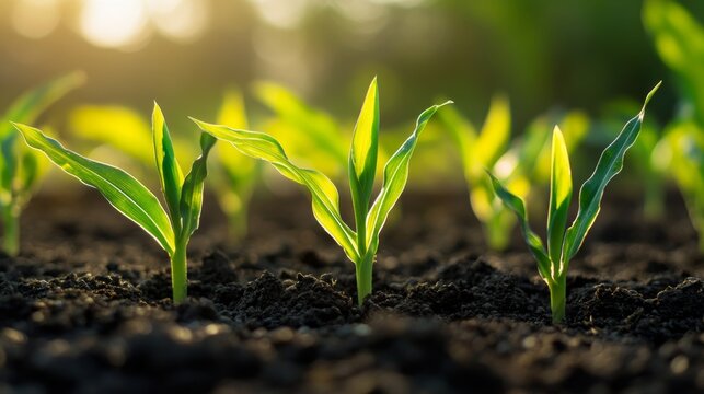 Young corn sprouts growing in the soil, blurred background. Plant background.