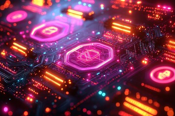 Futuristic neon circuit board with glowing elements and digital technology symbols