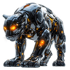 Mechanical Panther with Chrome Fur and Neon Eyes Isolated on Transparent Background