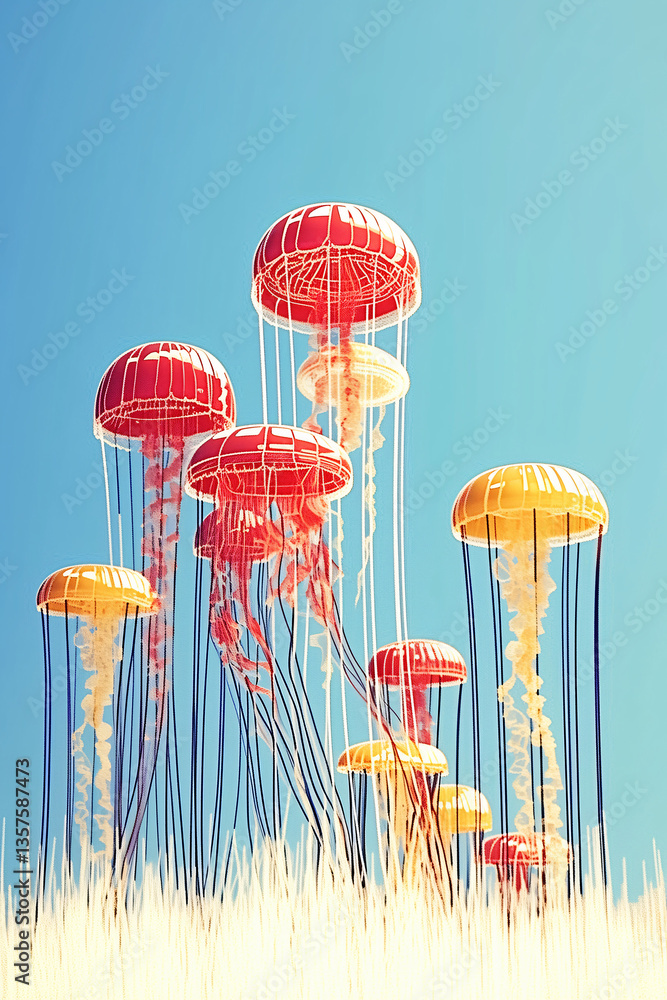 Poster floating jellyfish: a surreal composition of vibrant jellyfish floating gently, creating a tranquil 