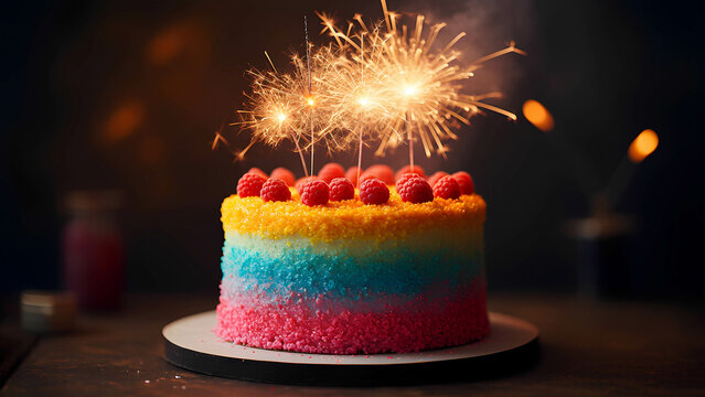 A confetti-style cake with sparklers on top