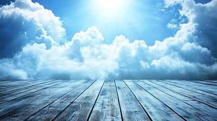 Wooden planks over a bright, cloudy sky.