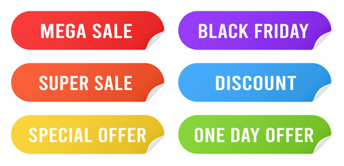 Set of multicolored rounded stickers with sale announcement. Super sale, mega sale. One day offer. Discount voucher. Black friday special offer label.