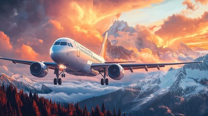 Fototapeta premium Airplane soaring over majestic mountains at sunset.